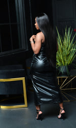 Aurora Strapless Pu Leather Dress- Black